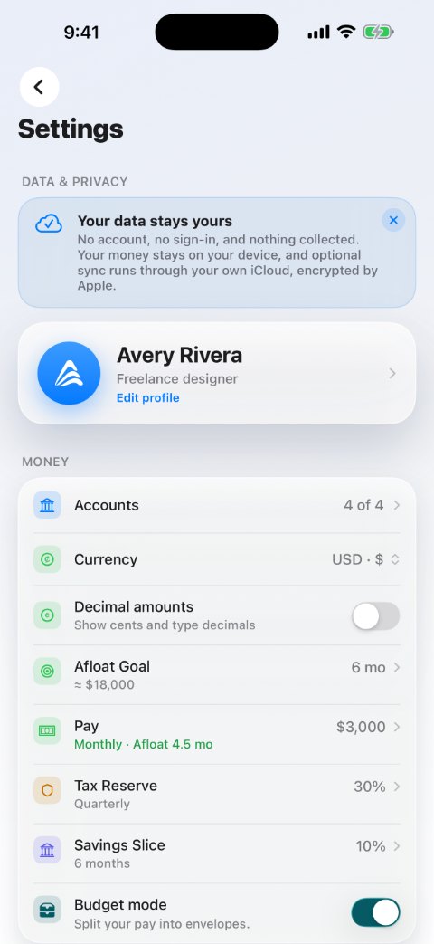 Afloat, Settings and privacy